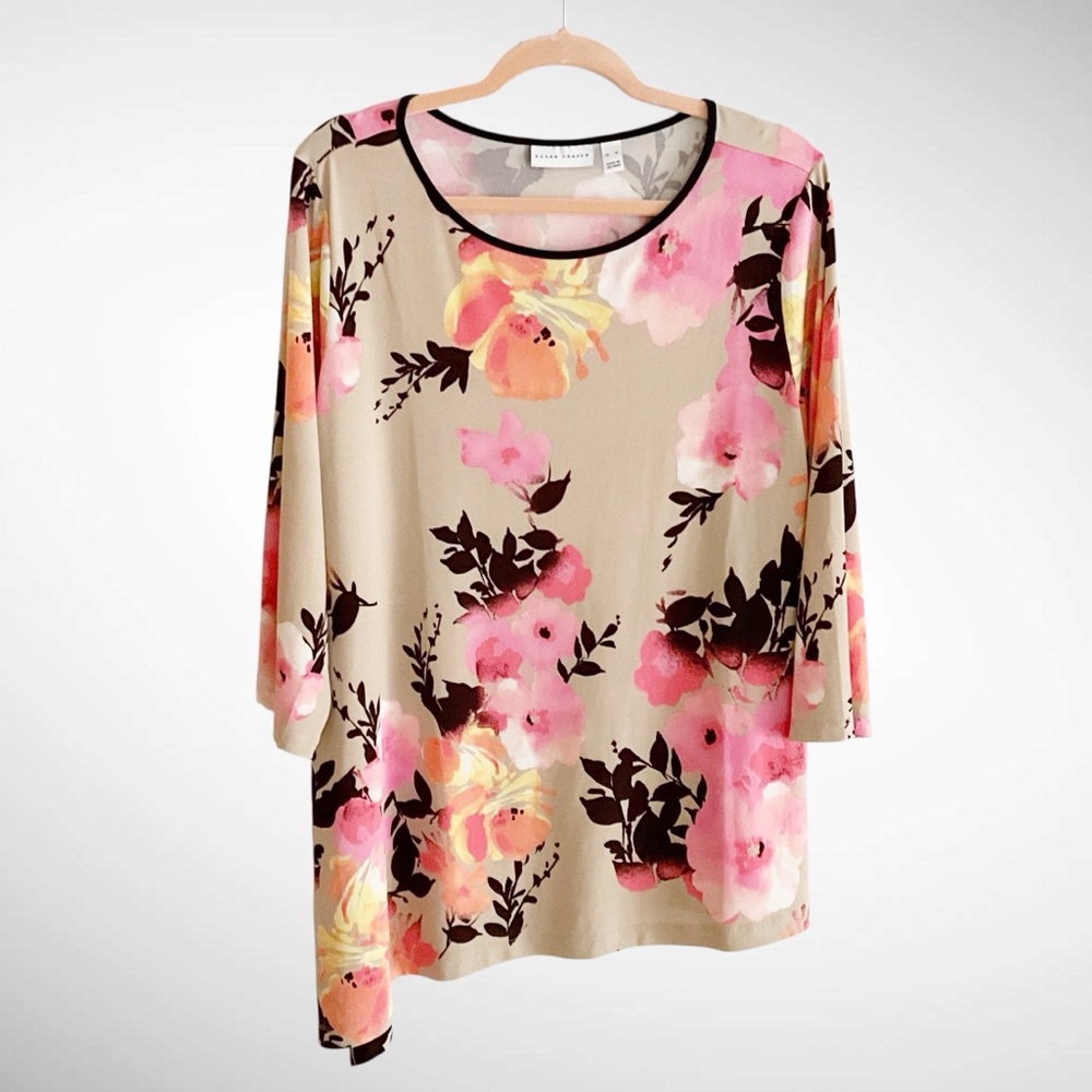 Susan Graver Floral Pullover Top 3/4-Sleeve Asymmetrical Bottom